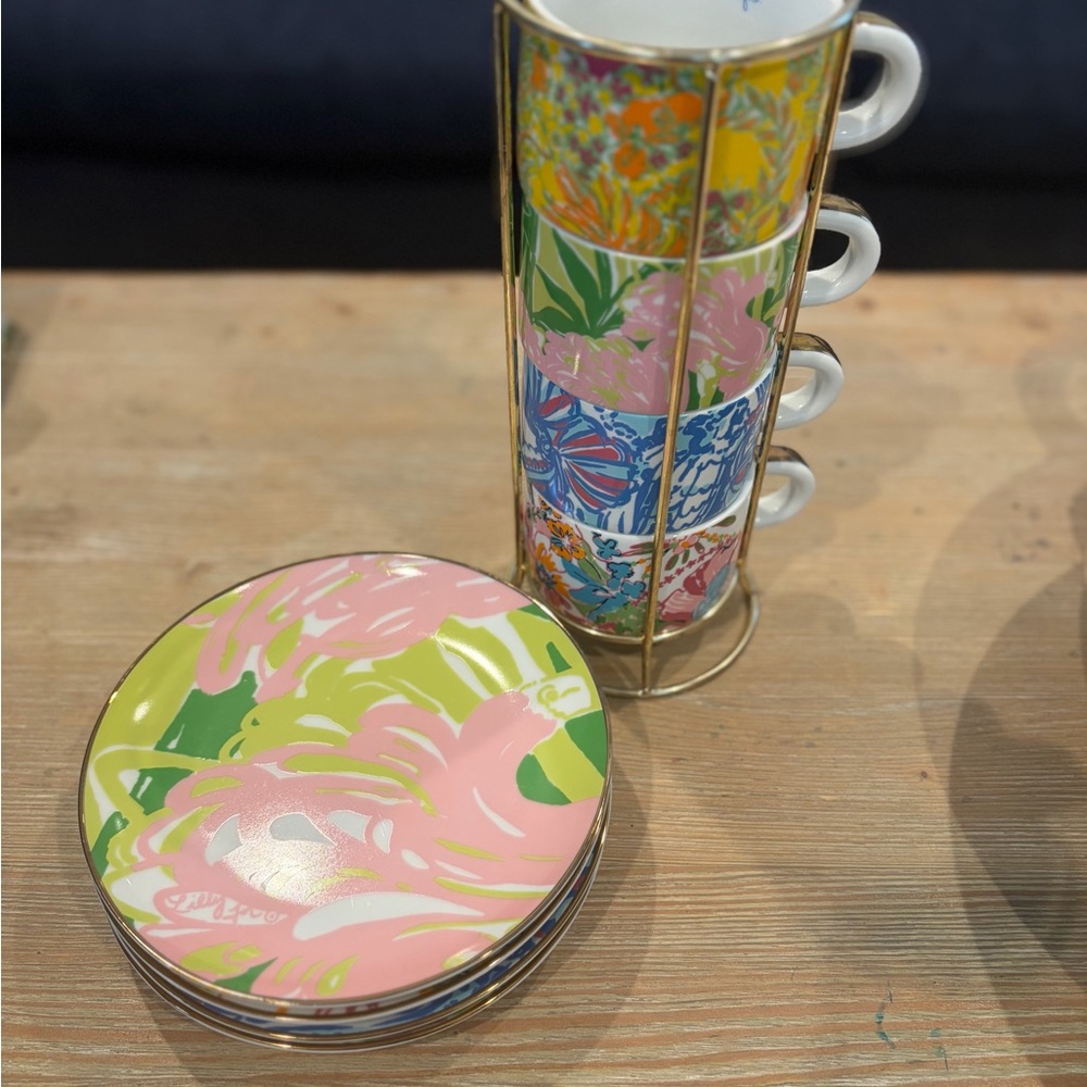 Floral Pink and Green Porcelain Salad Plate Set with Stackable Cups
